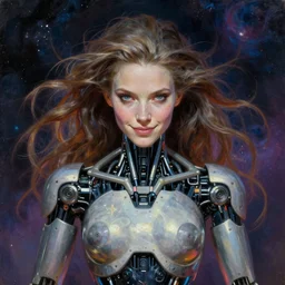 perfectly centered portrait, front view of a beautiful biomechanical android alien robot, female, flowing hair, intense stare, sarcastic smile, symmetrical, concept art, intricate detail, volumetric shadows and lighting, cosmic background, realistic oil painting by tim hildebrandt,