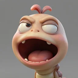 a 9 0 s 3 d render of the head of a cartoony tan worm with a big open wrinkly mouth and big half - closed eyes and a flap of flesh on the top of its head, flat faced, big forehead