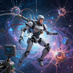 piloting is a beautiful robot fighter pilot is suspended by intricate organic and electric connections to the jet cockpit computer motherboard, experiencing the quantum field comic book art cinematic highly detailed realistic beautiful cosmic neural network o