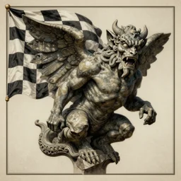 [Brutalist gargoyle adorned with checkered flag. Propaganda poster!, intricate, elegant, highly detailed, digital painting, artstation, concept art, matte, sharp focus, illustration]