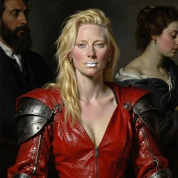 warrior, mulatto,, beautiful face, beautiful features, image of tilda swinton, monica beluchi, white lips, long golden hair, red closed leather dress, leather armor, iron armor, gold earrings, alexander mcqueen clothes, very beautiful style, realism, oil, titian, velazquez, degas, repin, edgard mcsons,