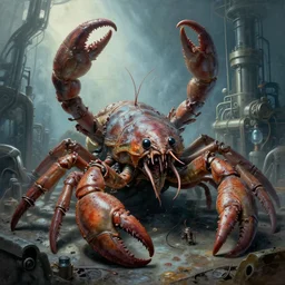 airbrushed quad leveled crustacean cambrian automation factory by jack kirby, kelly freas, donato giancola, alex ross, basil gogos, philippe druillet, fine art masterpiece baked at 3 0 0 f, matte painting, terrifying cold lighting, aged with sunlight, award winning horror, photorealistic render, cinematic