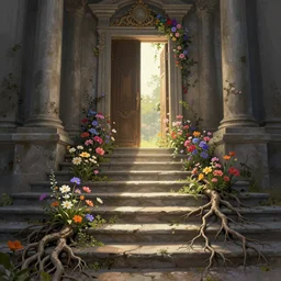 matte sharp ainting of stone steps fantasy leading do a fantasy door opening flowers, roots roots along the steps, artstation behance by emilia dziubak, will terry, greg olsen, chris mars, ann long, and mark brooks, lisa frankdramatic, neo classical architecture, colorful