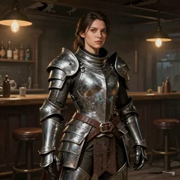 hyper detailed ultra sharp full body character portrait of a woman in chunky armor standing in a destroyed dive bar, with a realistically proportioned face, cinematic lighting, good value control, smooth, realistic shading, realistic face details, smooth, highly detailed, digital painting, painted texture maps, illustration, concept art, painted texture maps, substance painter