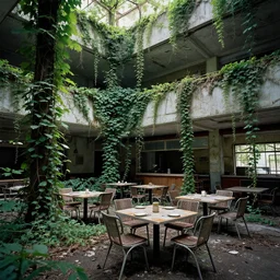 a restaurant in an abandoned mall in the 1 9 8 0 s, taken over by nature, covered in vines