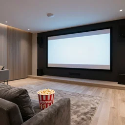 wide view, a modern home movie theater with big screen, comfortable, stylish decor, popcorn machine!, movie posters!, very happy, interior designed by kelly wearstler, rough color pencil illustration