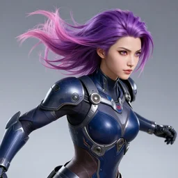 a award winning action upper body portrait of a beautiful woman with a ombre purple pink hairstyle with head in motion and hair flying while wearing futuristic navy blue bodyarmor and pauldrons, outrun, vaporware, highly detailed, fine detail, intricate
