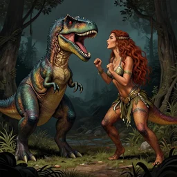 mia khalifa fighting dinosaurs, detailed intricate illustration, dark atmosphere, detailed illustration, hd, 4 k, digital art, overdetailed art, by greg rutkowski, by loish, complementing colors, trending on artstation, deviantart