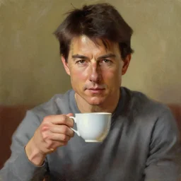 tom cruise having a cup of tea, oil painting