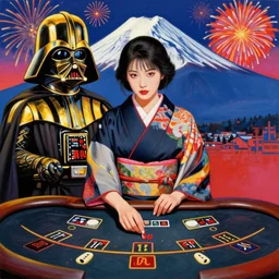 hyperrealistic composition of the detailed woman in a japanese kimono sitting at a extremely detailed black jack table with golden darth vader, fireworks, mountain fuji on the background, pop - art style, jacky tsai style, andy warhol style, acrylic on canvas