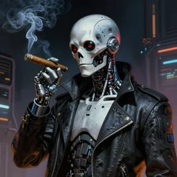 An android smoking a cigar in a cyberpunk setting, by Frank Frazetta, Trending on Artstation, highly detailed,