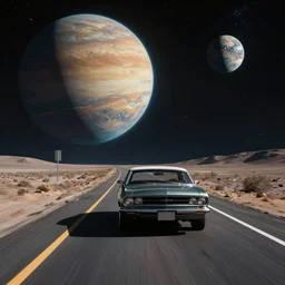 1 9 6 0 s car on a road in space driving towards a planet, synthwave