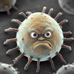 a very angry microbe with human eyes, scanning electron microscope
