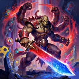 a ultradetailed painting of yidris maelstrom wielder 4 armed orc holding red and blue gradient with large blade being blast by energy, by karl kosinski yayoi kusama mc escher gottfried helnwein magic the gathering art, sci fi, futurism, vibrant colors zbrush sharp focus