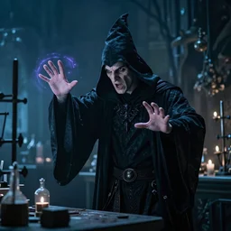 a beautiful panting of a dark wizard casting spell, alchemist lab, hyperrealistic, cinematic atmosphere, epic