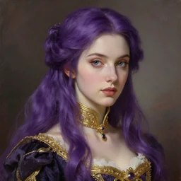 beautiful sorceress female, portrait, close up, long violet hair, victorian clothing, fantasy, intricate, golden trims, elegant, highly detailed, oil painting, artstation, concept art, sharp focus, illustration, art by ruan jia
