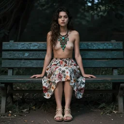 dslr photo of a beautiful young woman with sitting on a bench wearing a flower skirt, and body and wearing hemp sandals and a very detailed faerie necklace around neck, artgerm, artstation, very high quality face, extremely high quality, moody lighting, full body show, real camera, real photo, photography by deviantart, 8 k