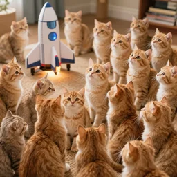1 9 8 0's color photo of thousand of cute ginger cats looking at starting spaceship
