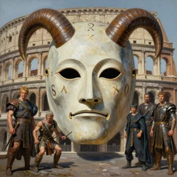 A mixed media portrait painting of a man in the mask of damocles, detailed mask, detailed jaw and eyes, by Frank Frazetta, Boris Vallejo, Greg Rutkowski, Beeple, Yoko Taro, Christian MacNevin, epic fantasy character art, roman numerals, high fantasy, CGsociety, full length, exquisite detail, post-processing, masterpiece, cinematic, coliseum backdrop