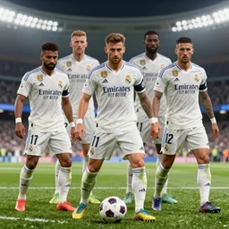 Real Madrid football players drawn as football gods. unreal 5. Award-winning. Realistic. High detail. Soccer. Digital art.