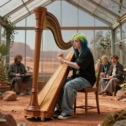 photo of curvy elf Billie Eilish playing a harp in a greenhouse on mars by Craig Mullins, ilya kuvshinov, krenz cushart, artgerm trending on artstation by Edward Hopper and Dan Mumford and WLOP and Rutkovsky, beksinski carl spitzweg moebius and tuomas kocar, intricate artwork by caravaggio, Unreal Engine 5, Lumen, Nanite