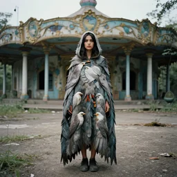 a woman wearing a cloak made of birds, in an abandoned theme park, by omar z. robles, canon eos c 3 0 0, ƒ 1. 8, 3 5 mm, 8 k, medium - format print
