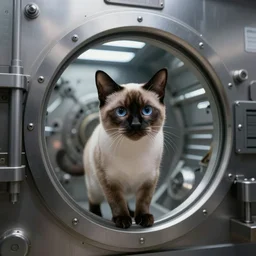 Siamese cat emerging from a Nuclear Vault, realistic 4k octane beautifully detailed render, 4k post-processing, highly detailed, intricate complexity, epic composition, magical atmosphere, cinematic lighting, masterpiece, ultra hd