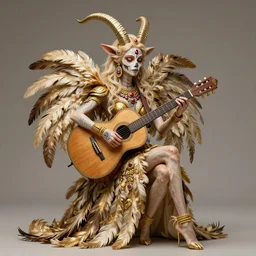 champagne blonde female changeling mythical satyr, humanoid with goat legs and horns, symmetry intricate, dia de los muertos, aztec ultra detailed feathered dress, gold - bodied playing guitar, concept art, photorealism, ultra realistic, 8 k resolution, artstation, 3 5 mm,