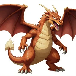 medium sized brown feathered dragon that stands on 2 legs with razor sharp teeth and sharp claws, highly detailed, my hero academia art style