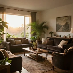 sunrise 3 5 mm warm photo of a tastefully decorated living room with dark luxurious furnishings and a mix of antique and modern furniture and plants, many plants