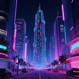 street view of futuristic cyberpunk city at night with neon lights, cyberpunk art by stephan martiniere, cgsociety, ring towers, line art, retrofuturism, retrowave, cityscape, futuristic, zaha hadid, beeple