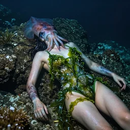 a person who is a mixture of a squid and a human, wearing a swimsuit made of seaweed, in a cove at night. photorealistic art by normal rockwell ; highly - detailed