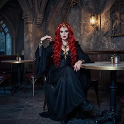 lomography, full body portrait photo of women like reol from a distance as a warlock wearing ornate gems and black robe sitting in a medieval fantasy cafe interior, moody, realistic, dynamic perspective pose, light blue filter, skin tinted a warm tone, hdr, rounded eyes, detailed facial features, red black gold
