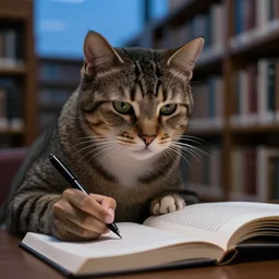 portrait photography of an intellectual cat studying in a library, taking notes, concentrated reading a book, low lights, evening hour, blue hour, face shot, highly detailed clothing, trending on facebook.