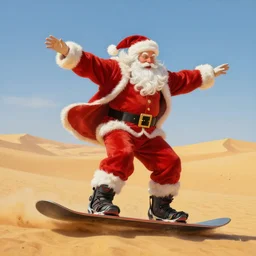 beautiful lifelike studio painting of santa riding a snowboard!!!!! with two outstretched arms in the hot humid yellow sandy sahara desert!!!!!!!!!. full body, beautiful perfectly shaded cinematic lighting, very very coherent, trending on artstation, greg rutkowski, hyper detailed, 4 k, high quality, smooth, sharp focus