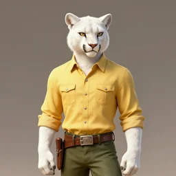 beautiful portrait commission of a male Furry Anthro white mountain lion Fursona wearing a yellow button-down shirt, olive green slacks in a old-timey western town. Atmospheric. Renowned character illustration by greg rutkowski, thomas kindkade, alphonse mucha, loish, norman rockwell. detailed, inked, western comic book art