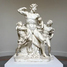 sculpture of laocoon and his sons, hyperbolic crochet on a pedestal, white cube photography
