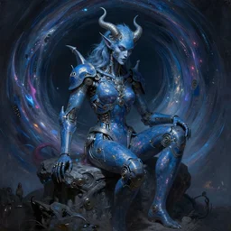 neoclassicist renaissance portrait of blue demon seated in singularity, with high tech body interface. iridescent textures. highly detailed fantasy science fiction painting. highly detailed fantasy science fiction painting by chris cunningham and vrubel. dark and volumetric. trending on artstation