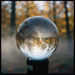 a 3 5 mm lomography photo of clear glass fresnel ball in the sunshine autumn forest reflected in the ball, foggy bottom, god rays, ultrasharp, detailed, cinematic