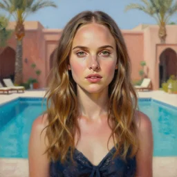 Natalie Portman in marrakech Next to the pool, portrait,digital art,ultra realistic,ultra detailed,oil on canvas,art by Jenny Saville
