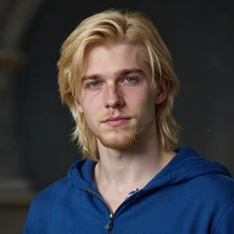 digital portrait of a skinny european male, slightly longer blond hair and a light blond stubble beard, wearing a blue shirt, blue eyes, rugged, teenage, fantasy, wizard, trending artstation, dungeons & dragons, relaxed expression, dark lighting, detailed, magic particles