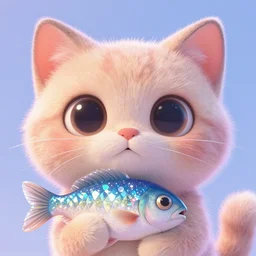 character design, cat, big eyes, holding a fish, furry skin, pastel colours, shiny glitter crystals, pixar animation style, detailed, soft light, octane render, 4 k