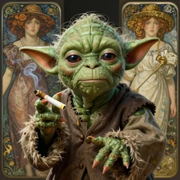 Yoda smoking a joint, highly detailed, digital painting, artstation, concept art, smooth, sharp focus, illustration, art by Krenz Cushart and Artem Demura and alphonse mucha