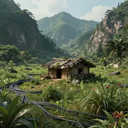 an intricate concept art illustration of an undergrowth asian field with shack hut in the middle of mountains, natural lighting, daytime, computer wires, digital art, photorealistic movie still, style feng zhu and artgerm, hyper realistic, photorealistic, octane render, trending on artstation, cgsociety, cinematic light, 8 k