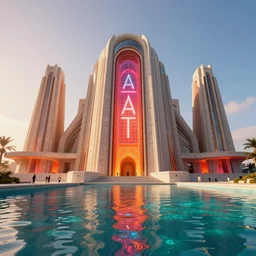 a matte painting of a modern atlantis temple of dynasty highly detailed architecture by frank lloyd wright and zaha hadid, reflective lighting, huge holographic logo, ground - level view, puddles of turquoise water, stunning sunny lighting, sunrise, vivid colors, trending on artstation, 8 k, cinematic, epic lighting, cryengine, octane render, red and orange glow, concept art by tooth wu and wlop and beeple and dan mumford and greg rutkowski and nekroxiii.