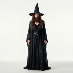 bearded witch with pointed hat, cinematic studio photo, full body, standing, isolated on a pure white background, centered, whole figure in frame, sharp focus, studio lighting