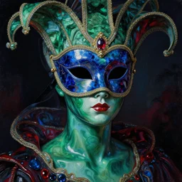 a portrait of a liquid porcelain malachite sapphire ruby model wearing a liquid venetian carnival mask. night time. deep reflective green blue red tones. renaissance masterpiece. highly detailed sci - fi fantasy painting by norman rockwell, frank frazetta, johfra bosschart, and syd mead. rich colors, high contrast, dark background. artstation
