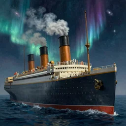 hyperrealistic painting of the highly detailed photorealistical ship titanic floating in the space smoke out of the chimney, background space, galaxy, northern lights, mystical light, concept art, art station, award winning art, 8k, octane render, unreal engine 5