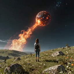 a girl on a hill watching a flaming asteroid fall from space, octane render very realistic beatiful
