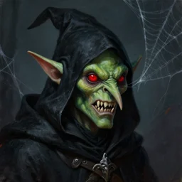 a detailed portrait painting of night goblin wearing a black pointy hood, green skin, red beady eyes, sharp teeth, long pointed nose, dungeons and dragons character art, warcraft art, spider webs, in the style of tim hildebrandt